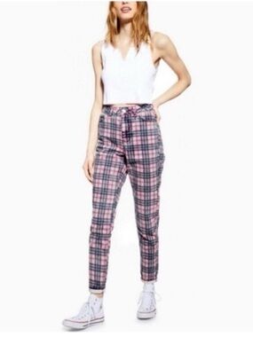 Topshop Plaid Checkered Denim High Rise Mom Jeans in Bright Pink & Blue